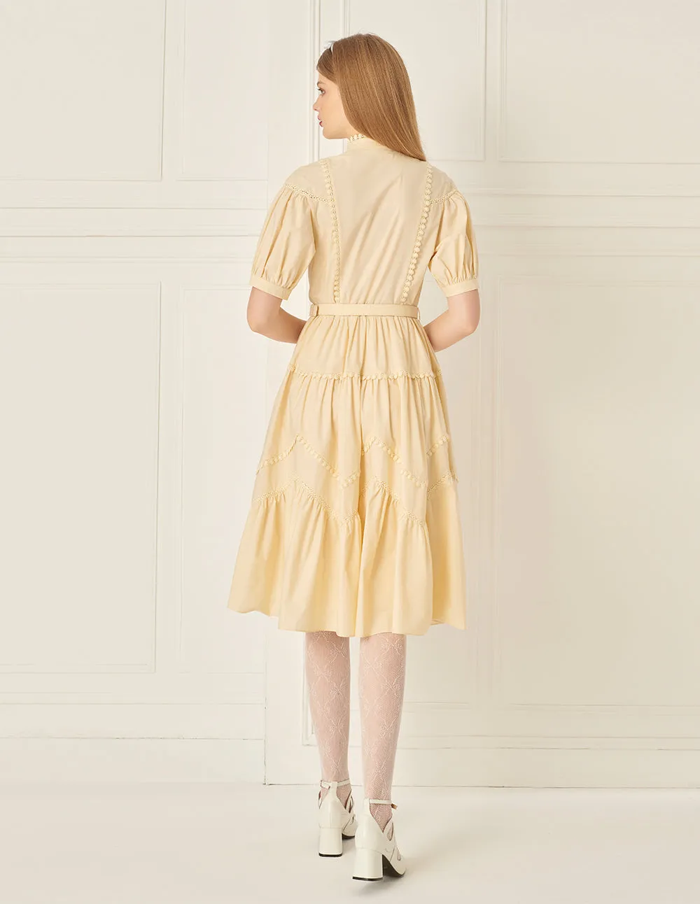 BORA AKSU Puff-Sleeve Shirt-Style Lace-Embellished Pleated Dress
