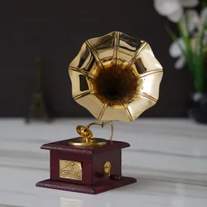 Fashion Bizz Handmade Vintage Dummy Gramophone, Phonograph Showpiece - Brown, Gold Only for Home Décor (10 CM X 10 CMX24 CM) Brass, Wooden (Miniature Gramophone)