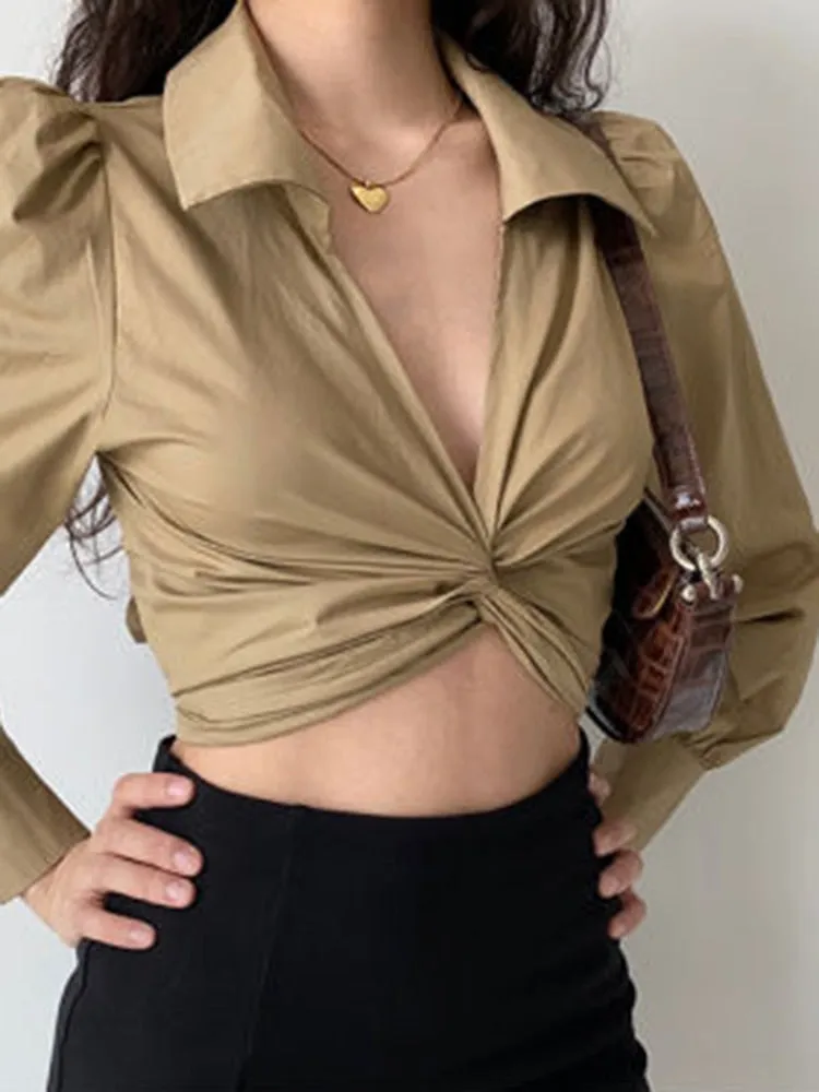 Sexy Long Sleeve Bandage Women Shirt Streetwear Khaki V Neck Cross Ladies Shirt Summer Club Night Female Crop Top