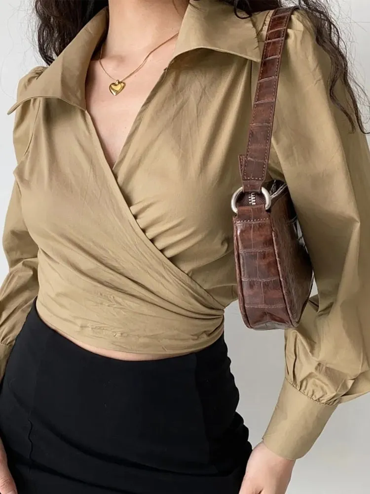Sexy Long Sleeve Bandage Women Shirt Streetwear Khaki V Neck Cross Ladies Shirt Summer Club Night Female Crop Top