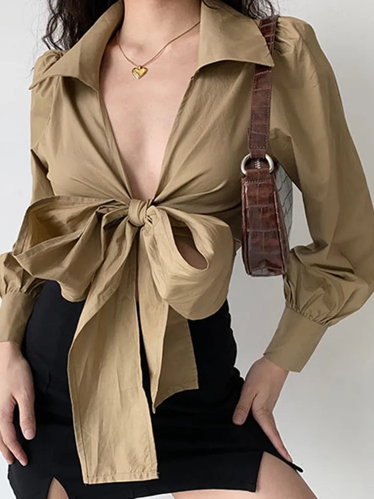 Sexy Long Sleeve Bandage Women Shirt Streetwear Khaki V Neck Cross Ladies Shirt Summer Club Night Female Crop Top
