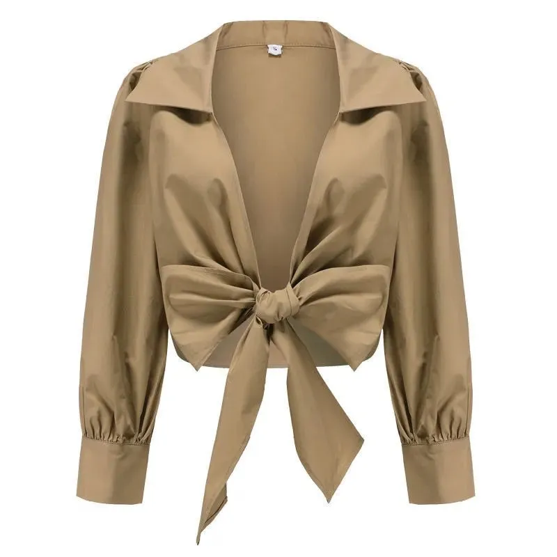 Sexy Long Sleeve Bandage Women Shirt Streetwear Khaki V Neck Cross Ladies Shirt Summer Club Night Female Crop Top