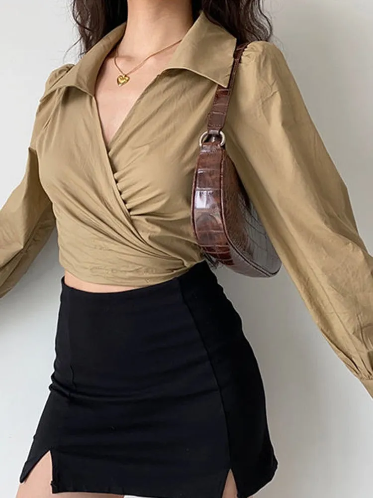 Sexy Long Sleeve Bandage Women Shirt Streetwear Khaki V Neck Cross Ladies Shirt Summer Club Night Female Crop Top